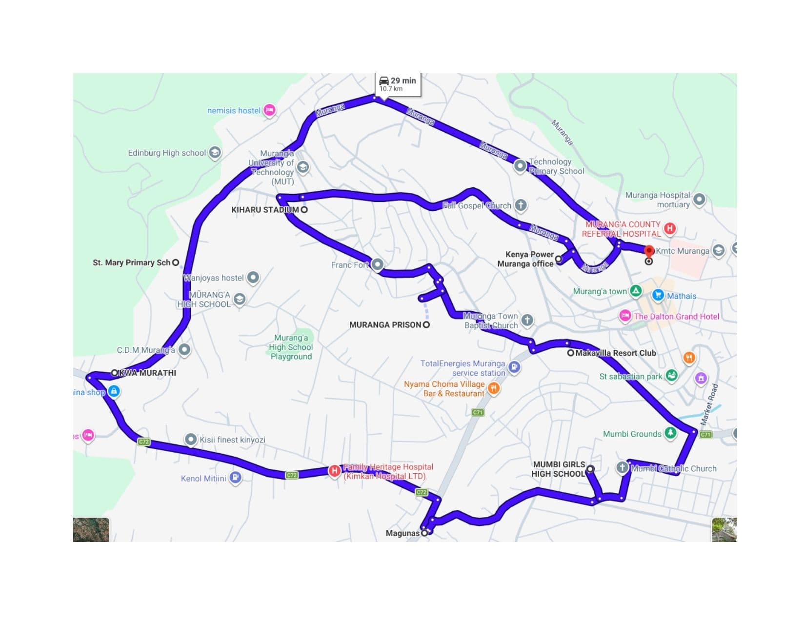 Official map of the community run route through Muranga town, including distance and key roads.